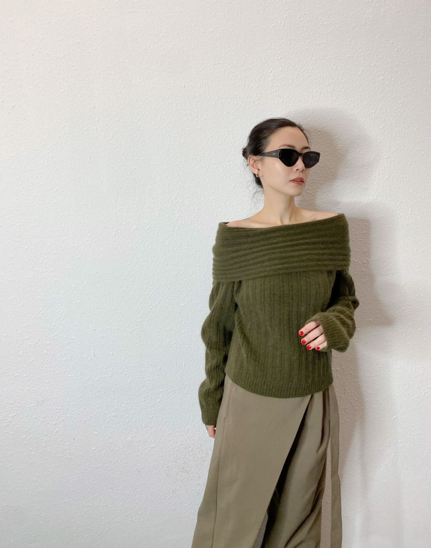 Olive Off Shoulder Knit #241226